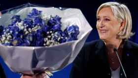 Marine Le Pen, en su cuartel general, celebrando su victoria.