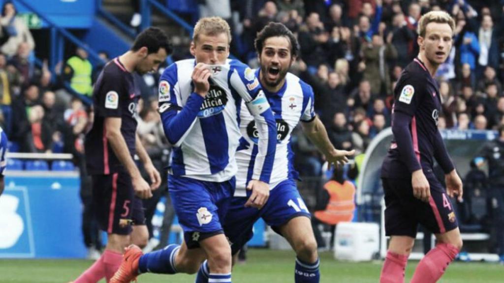 Bergantiños celebra su gol ante el Barcelona. Foto: Twitter (@RCDeportivo)