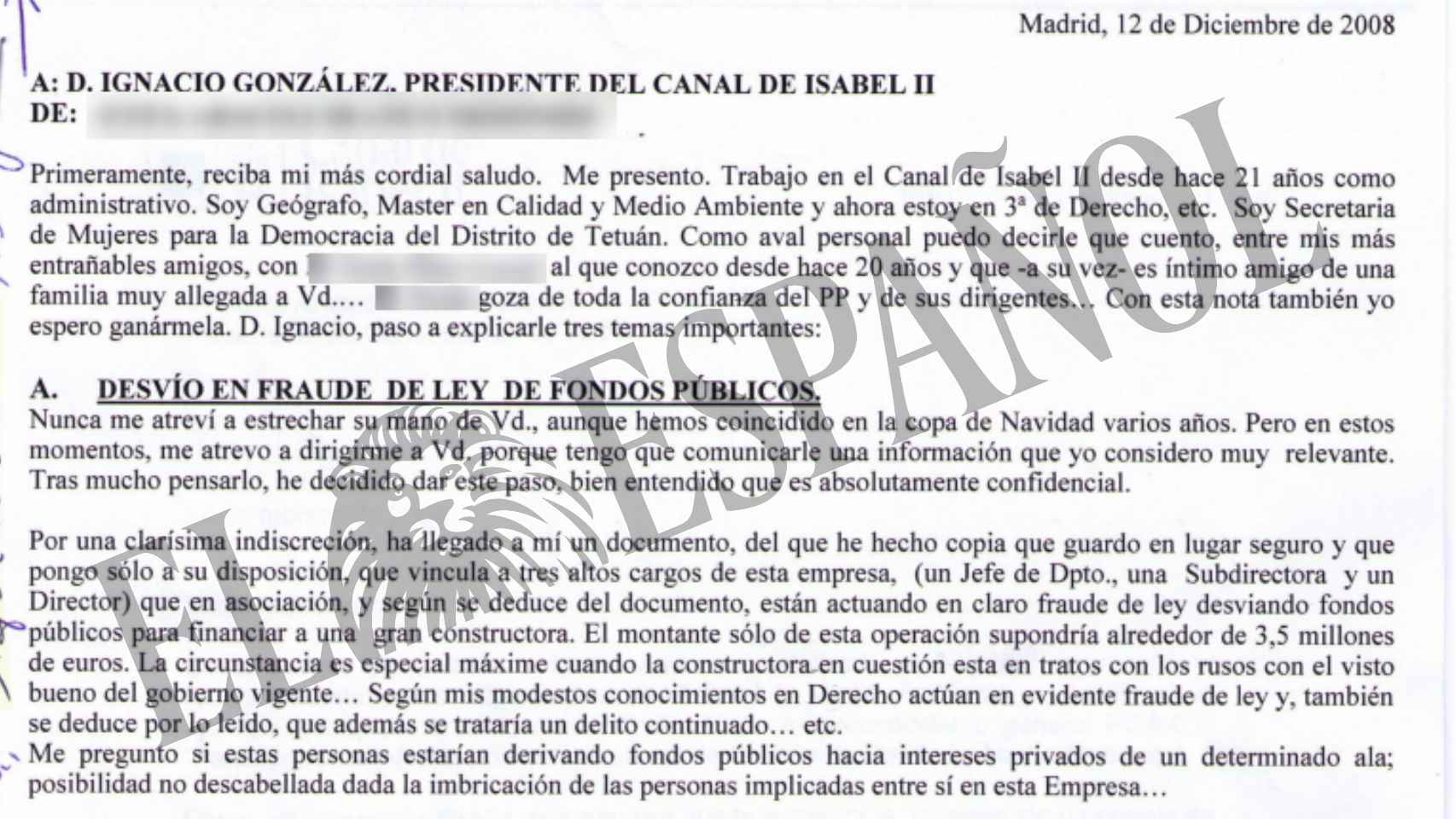 Carta remitida a Ignacio González en 2008.