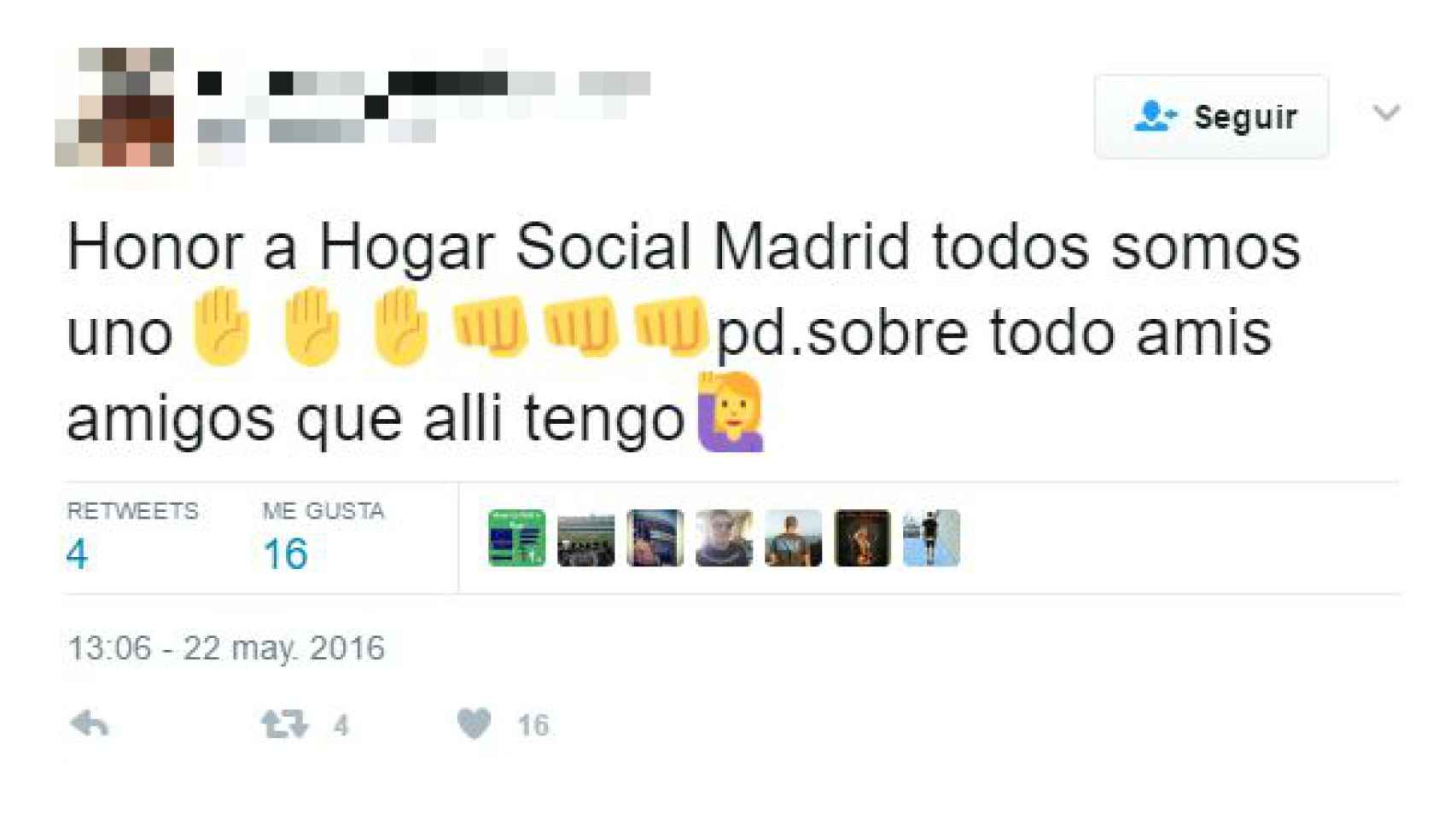 Tuit en el que expresa su apoyo a Hogar Social Madrid.