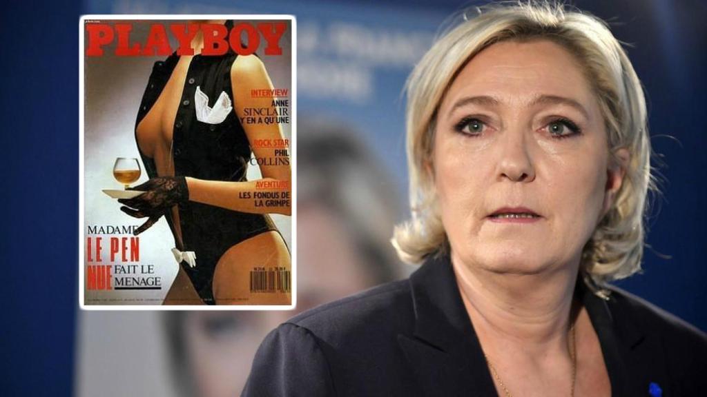 Marine Le Pen y la portada del Playboy en el que posa su madre.