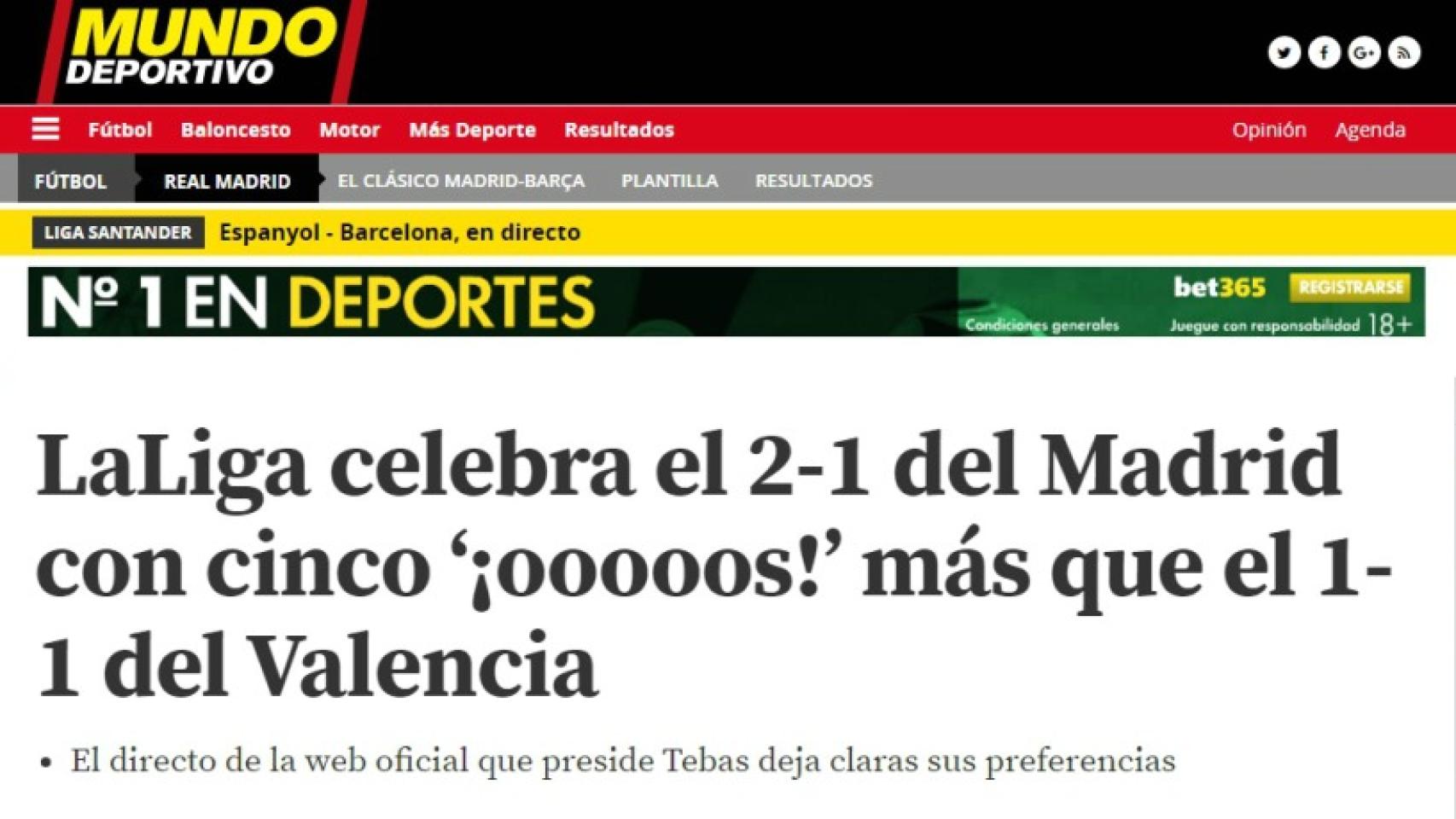 Mundo Deportivo acusa a La Liga de madridista