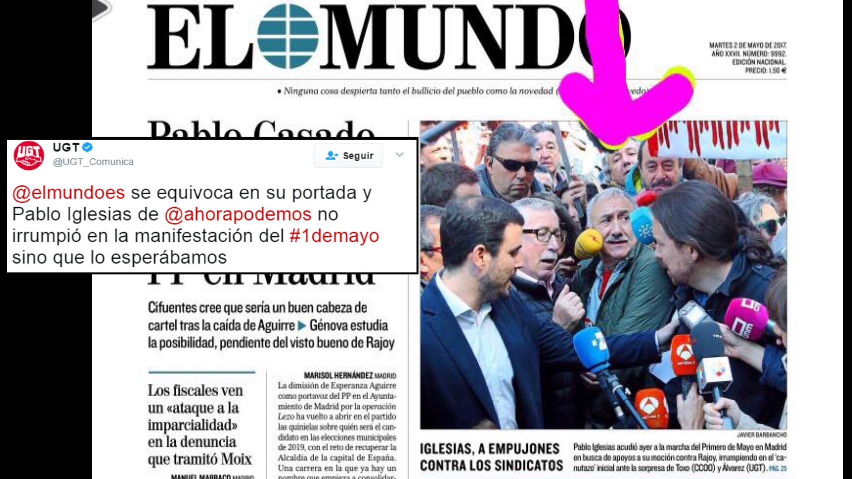 El tuit de UGT desmintiendo los empujones.