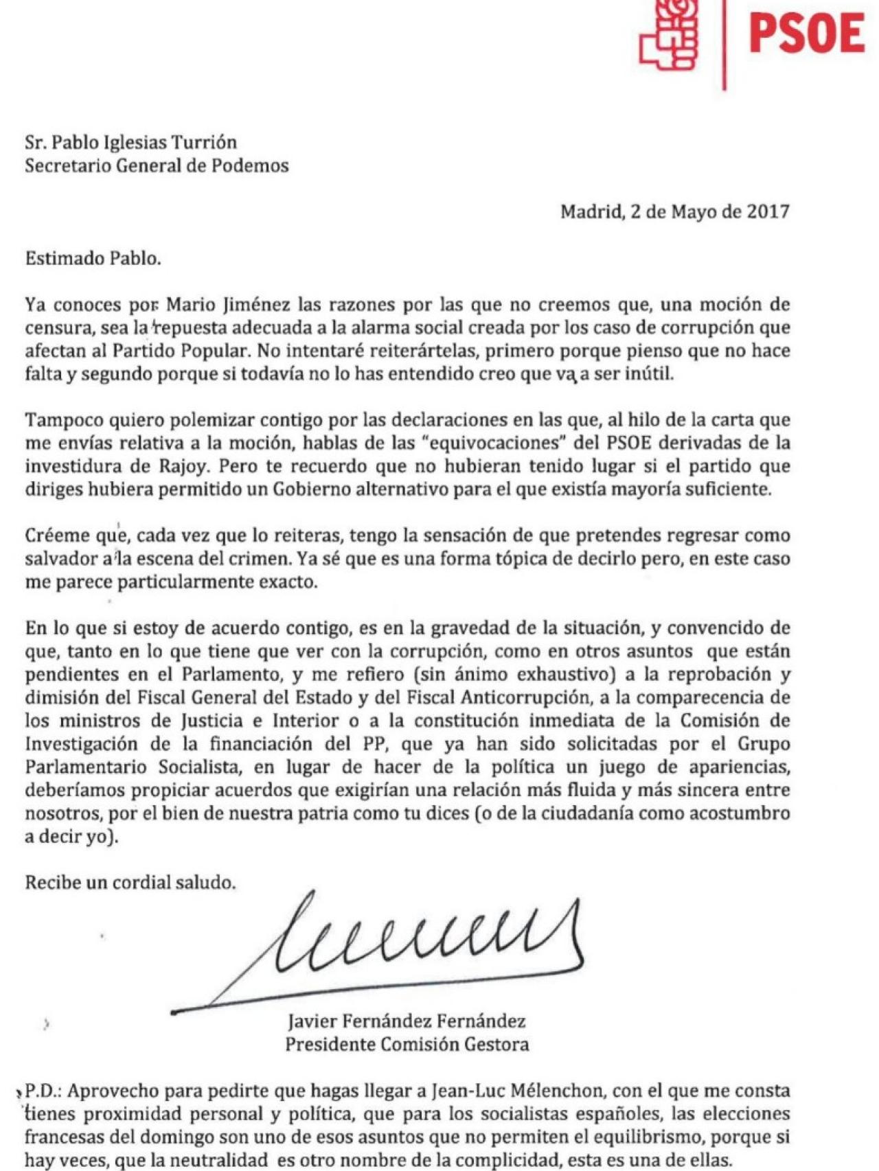 Carta de Javier Fernández a Pablo Iglesias.