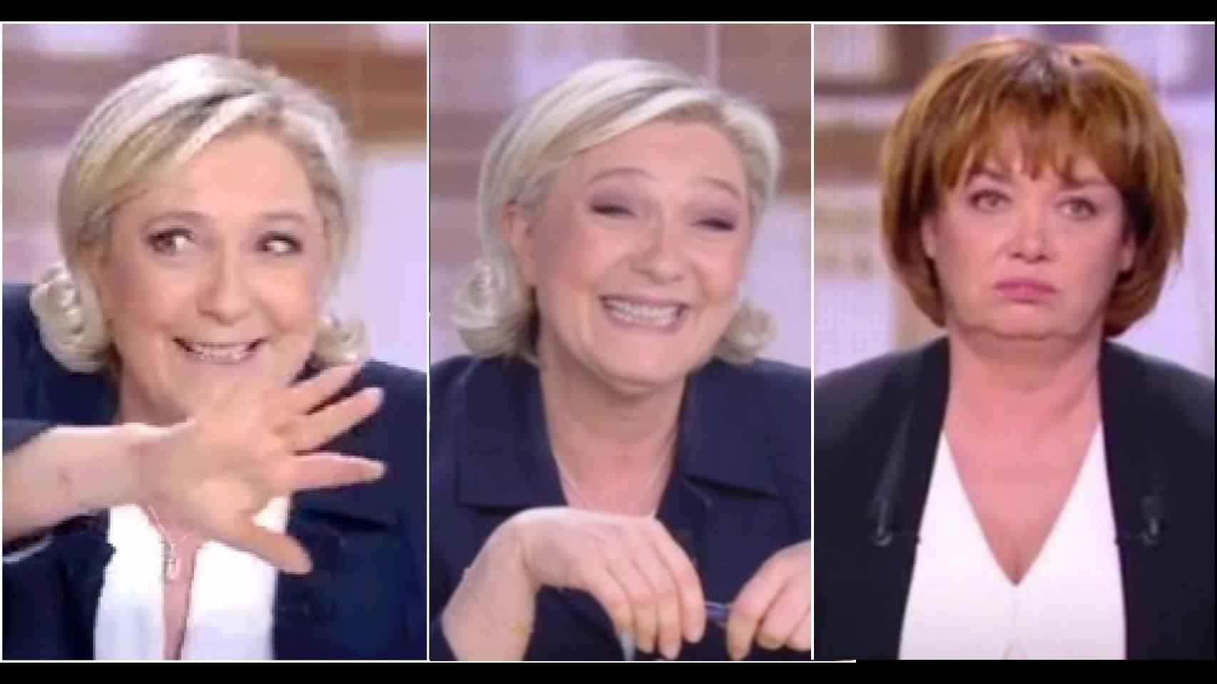 Las caras de Le Pen y la reacción de la moderadora.