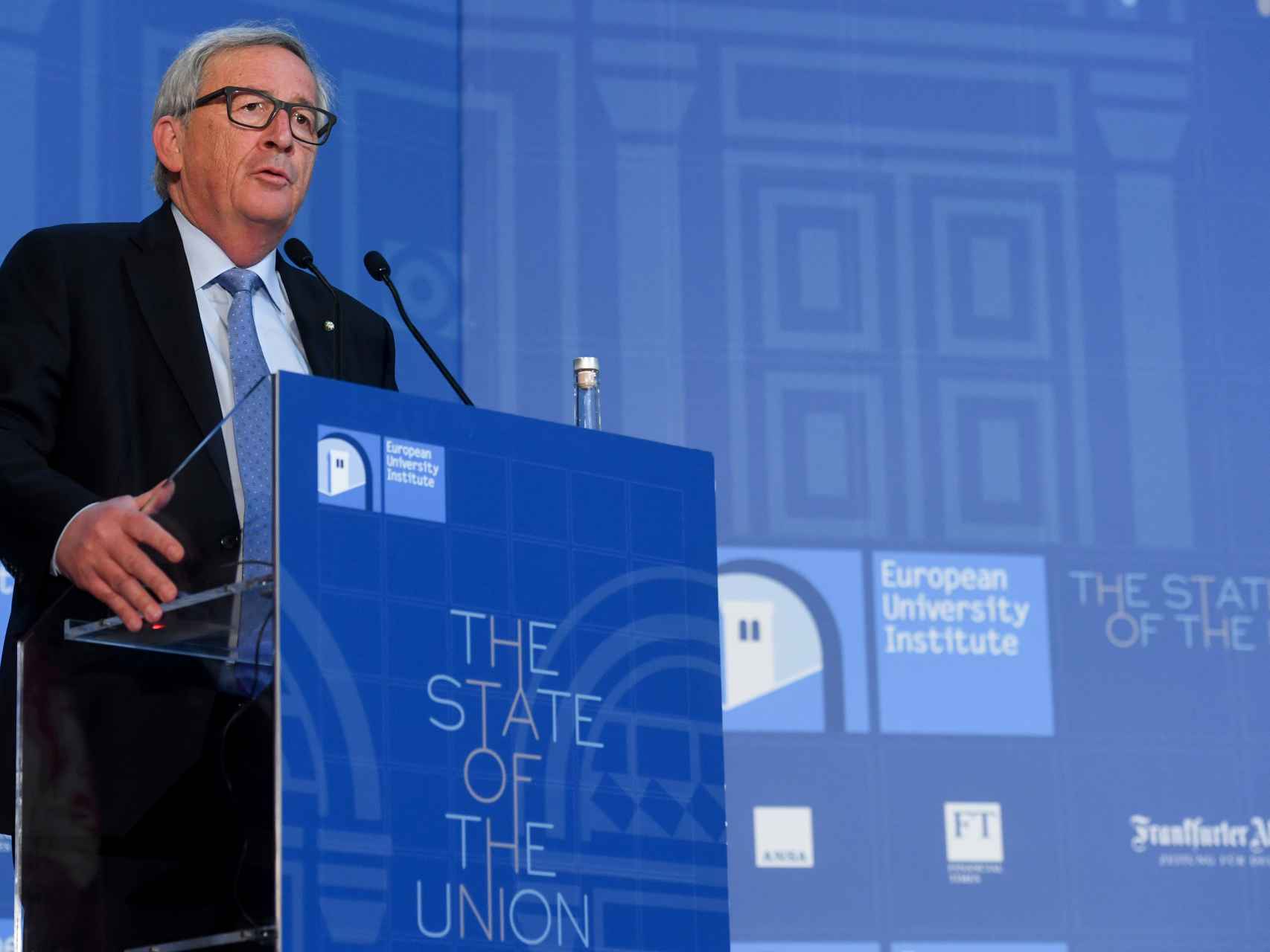 Jean Claude Juncker, durante su discurso sobre el Estado de la UE en Florencia a comienzos de mayo de 2017.