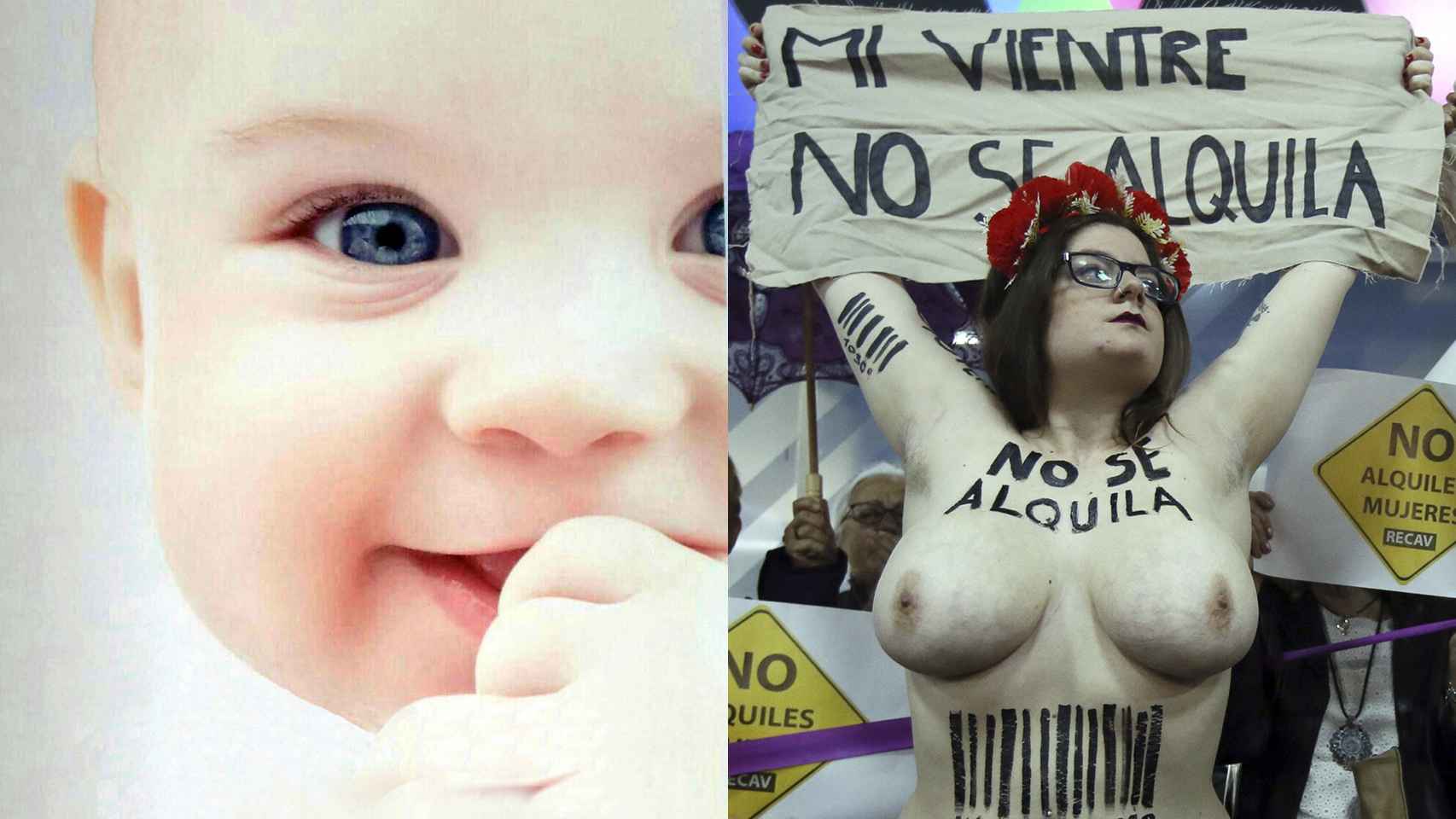 El cartel del niño californiano y las activistas de Femen durante la protesta.