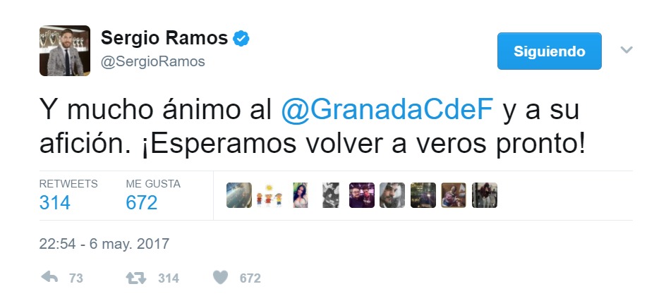 Ramos muestra sus valores: Mucho ánimo al Granada y a su afición