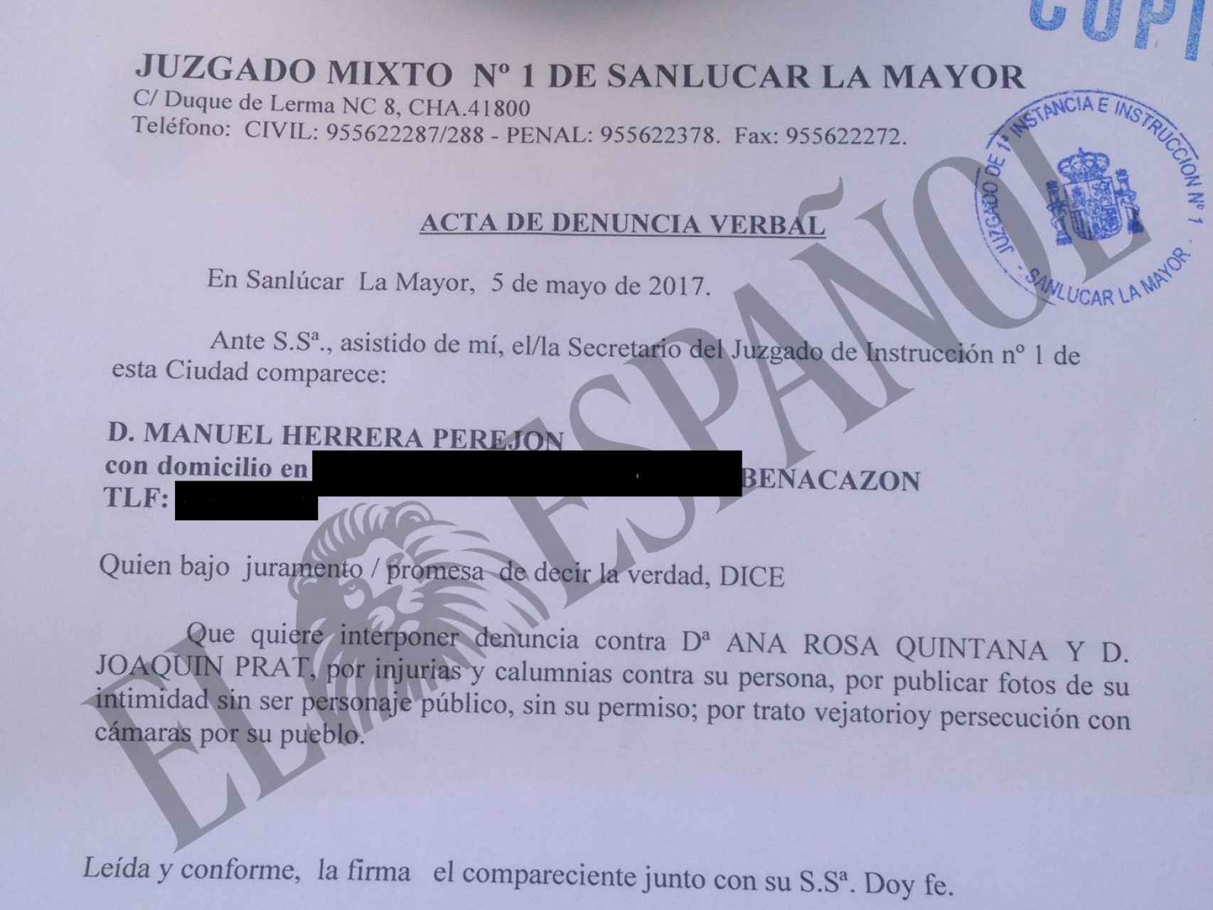 Denuncia presentada por Manuel Herrera contra Ana Rosa Quintana y Joaquín Prat.