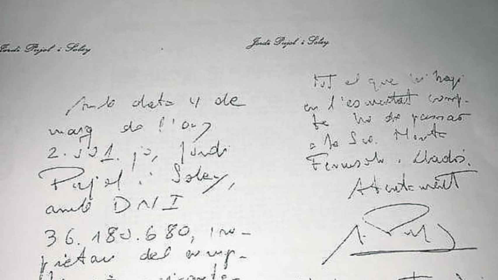 Manuscrito del expresidente Jordi Pujol i Soley.