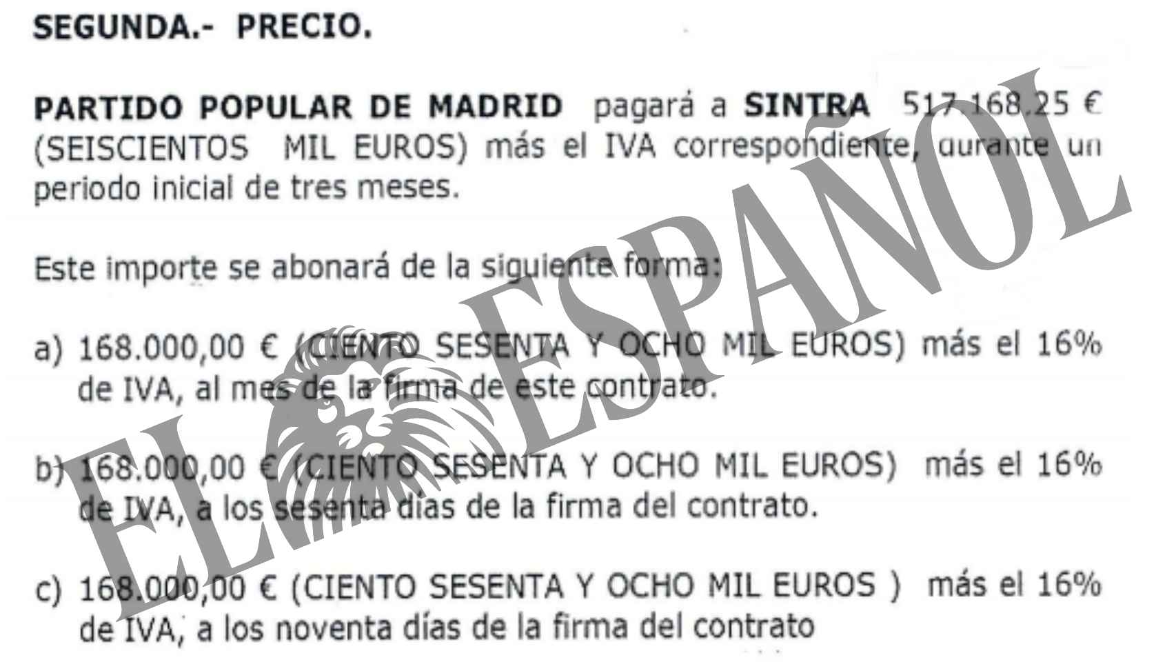 Borrador de contrato entre el PP y la empresa Sintra.