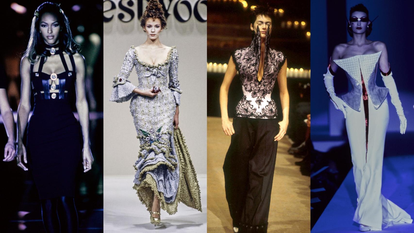 Algunas de las propuestas presentadas por Versace, Westwood, McQueen y Mugler durante los años 90. | Foto: GTRES y Getty Images.
