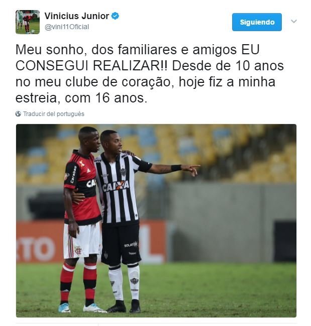 El primer mensaje de Vinicius en Twitter tras debutar con el Flamengo