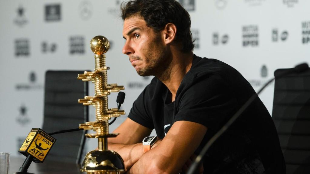 Nadal, atendiendo a la prensa tras su victoria en Madrid.