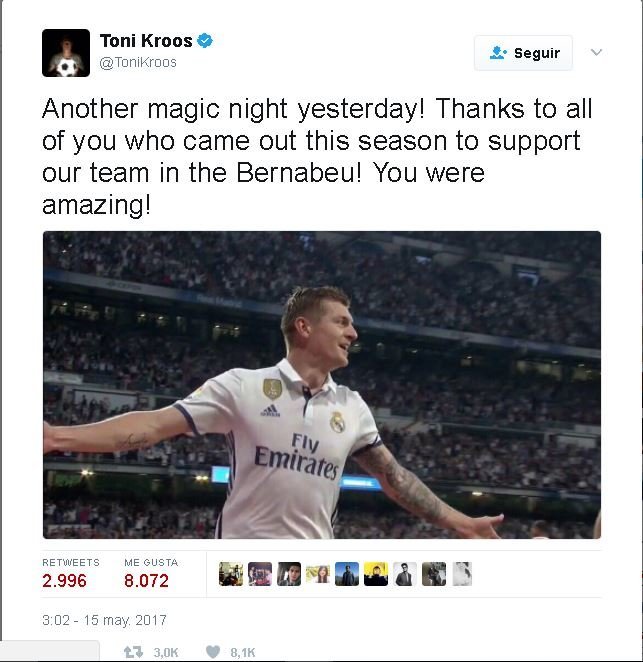 El tuit de Kroos agradeciendo al Bernabeu. Foto: Twitter (@tonikroos)