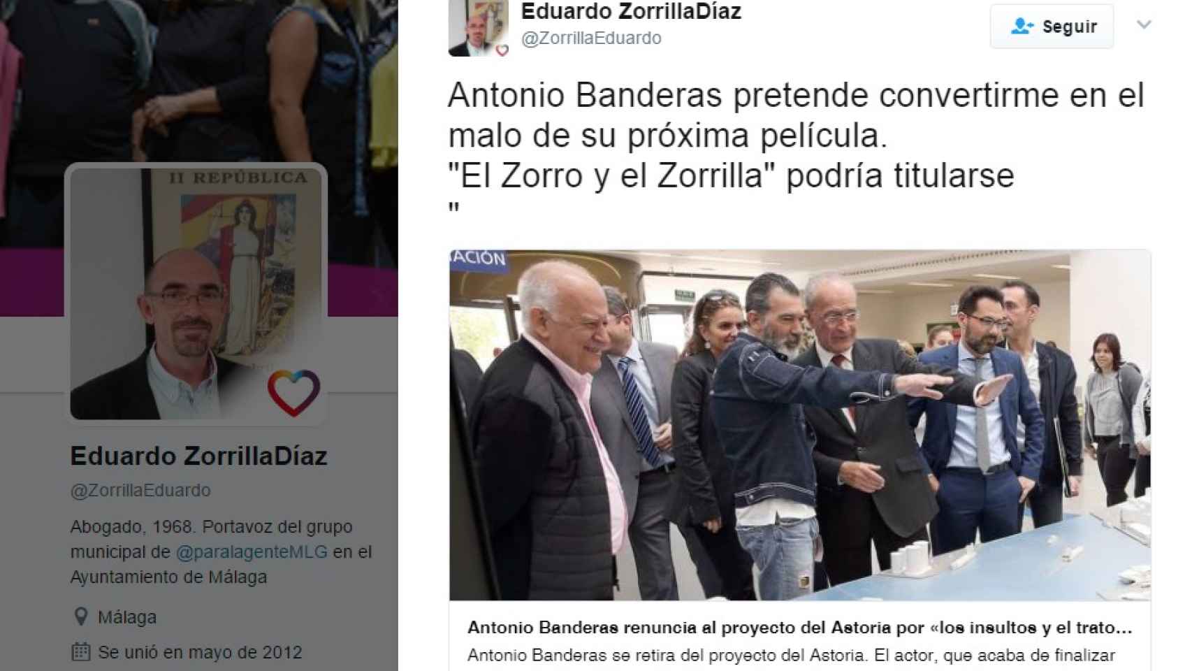 Twitter de Eduardo Zorrilla, el concejal crítico con Antonio Banderas.