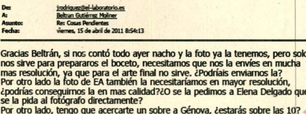 Correo electrónico entre Laboratorio y Beltrán Gutiérrez.