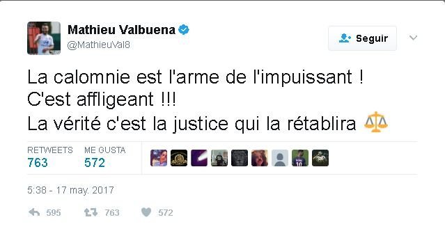 El tuit de Valbuena. Foto: Twitter (@mathieuval8)