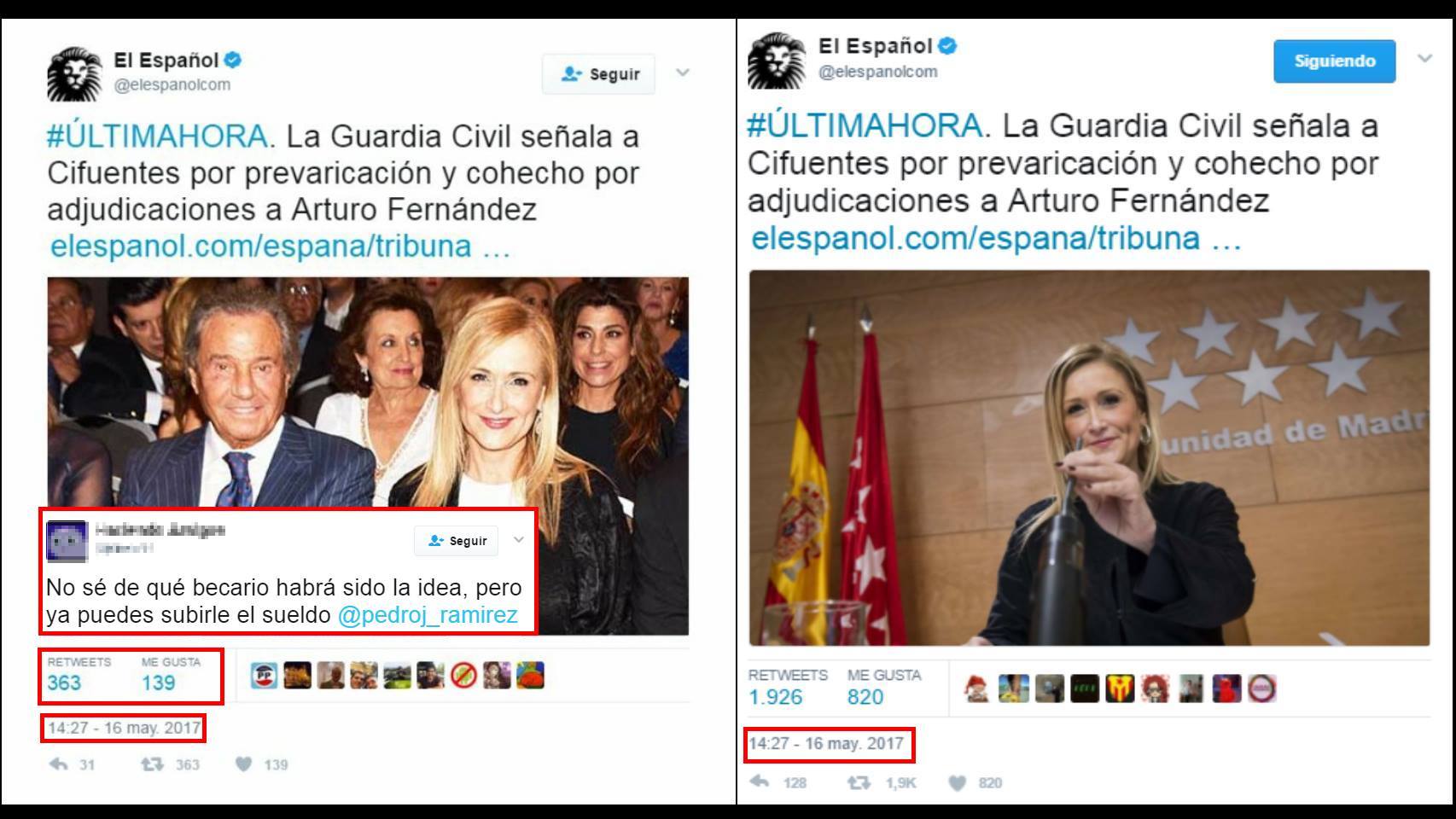A la izquierda, el montaje; a la derecha el tuit original.