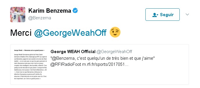Foto de captura del Twitter de Benzema