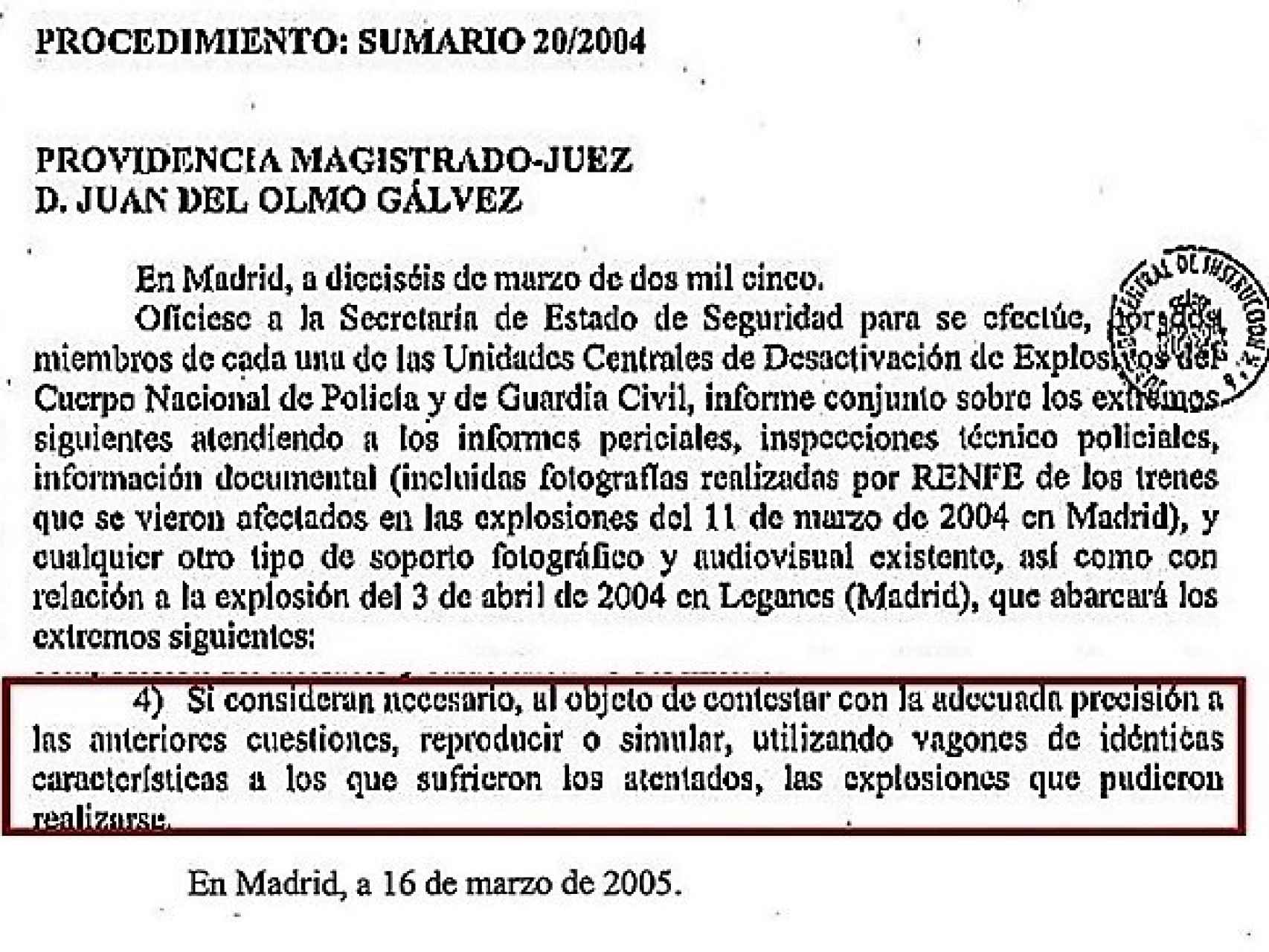 Fragmento de la providencia por la que el juez Del Olmo ordenaba realizar un informe conjunto Policía Guardia - Civil