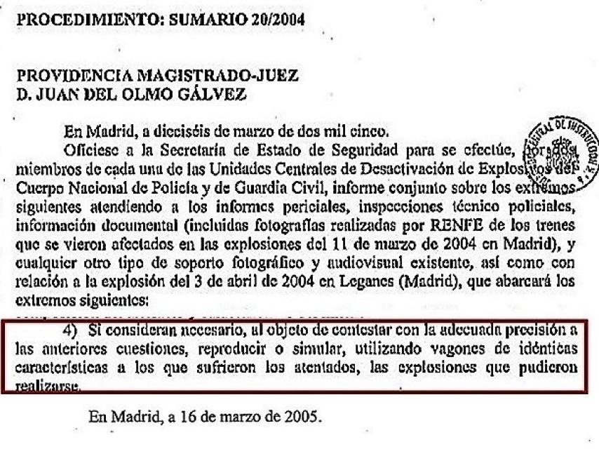 Fragmento de la providencia por la que el juez Del Olmo ordenaba realizar un informe conjunto Policía Guardia - Civil