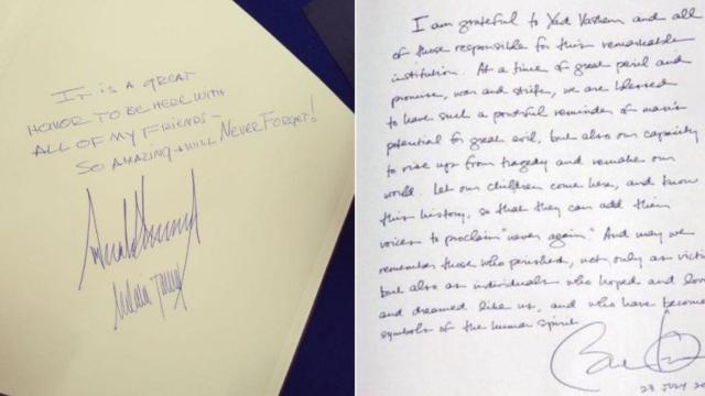 El mensaje que Donald Trump dejó en el libro de visitas del Memorial del Holocausto de Israel.