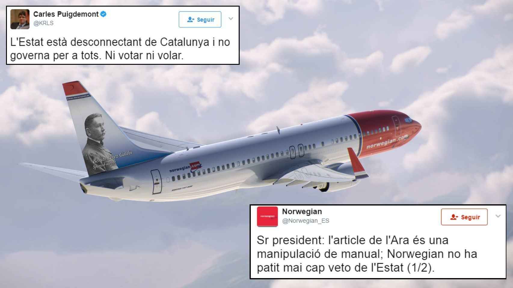El intercambio de tuits entre el presidente de la Generalitat y Norwegian Airlines.