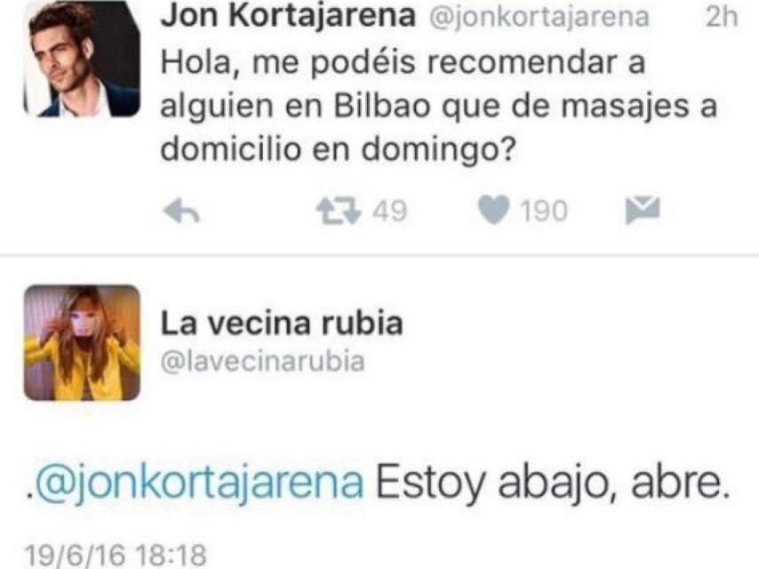 Tuits de Jon Kortajarena y la vecina rubia.