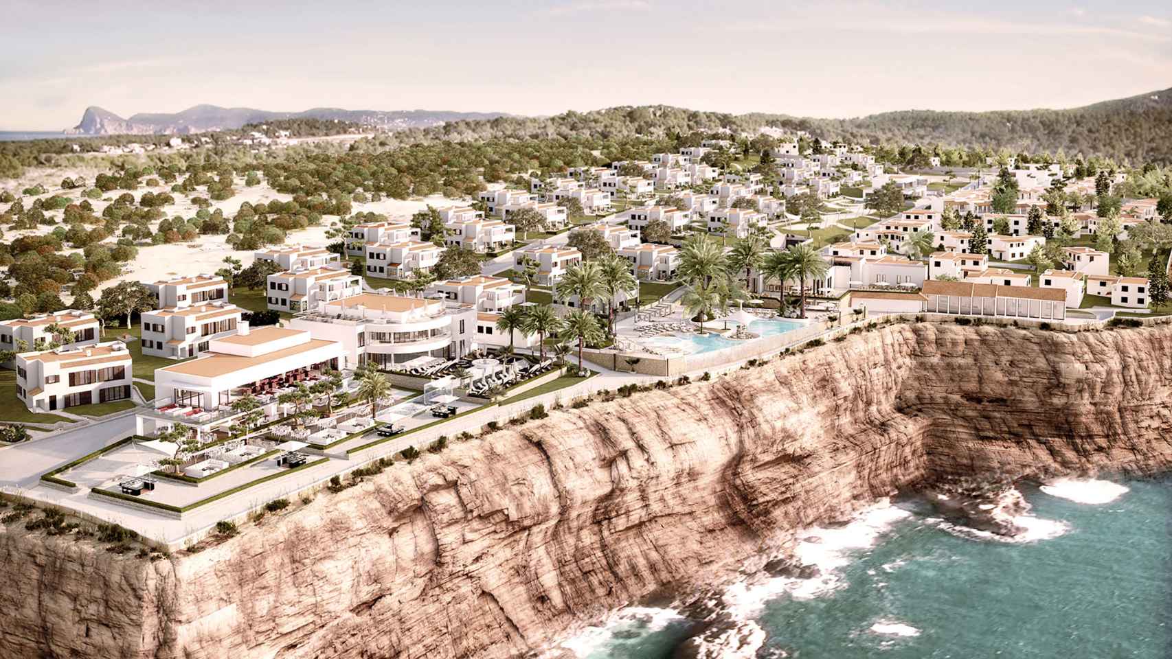 Vista aérea del complejo de Seven Pines en Ibiza.