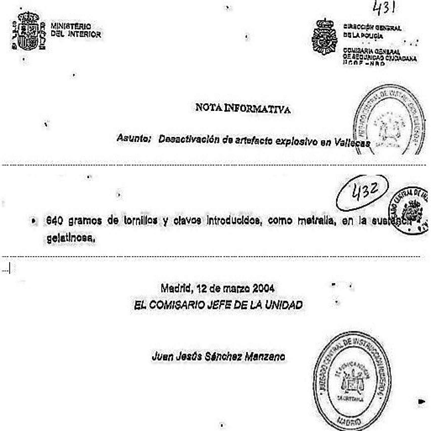 Fragmentos de la nota informativa que, sobre la desactivación de la mochila de Vallecas, firmó en solitario el comisario Sánchez Manzano.
