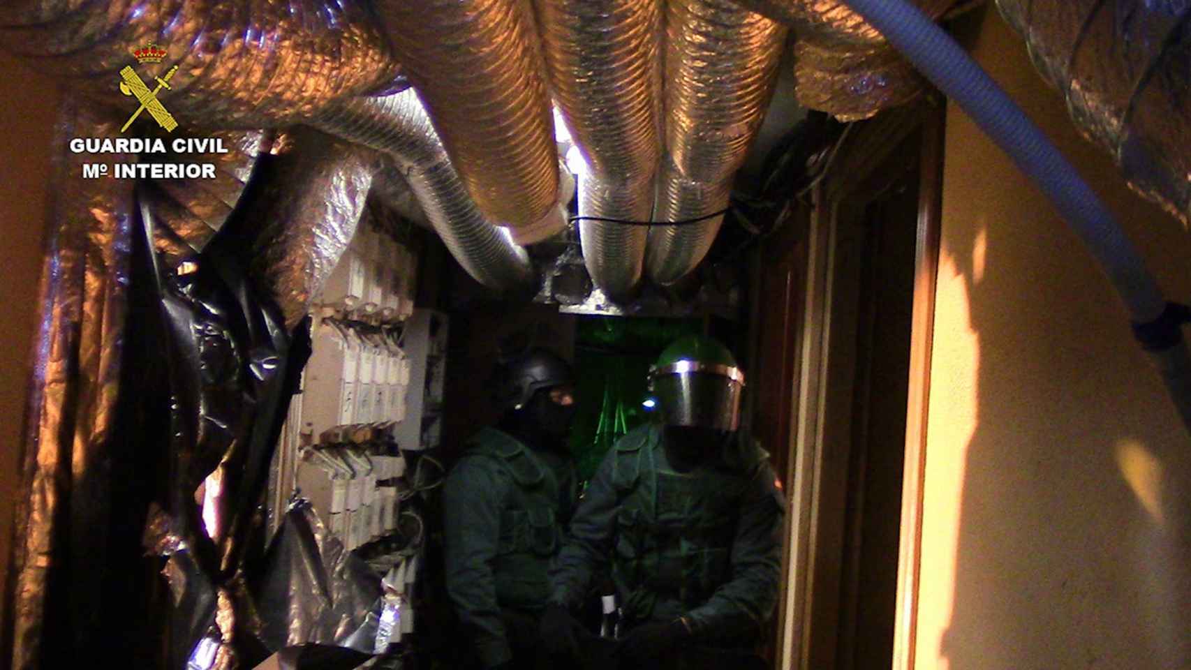 Guardias civiles acceden a uno de los laboratorios desarticulados.
