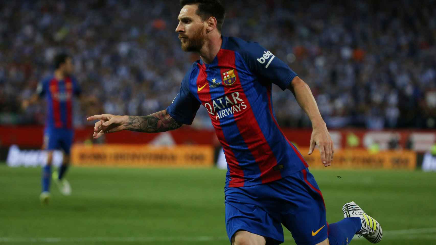 Messi celebra un gol en el Vicente Calderón esta temporada.
