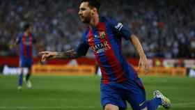 Messi celebra un gol en el Vicente Calderón esta temporada.