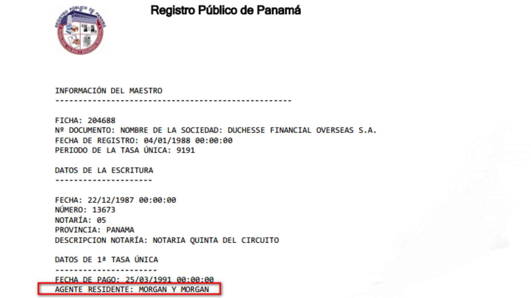 Documento del registro público panameño.