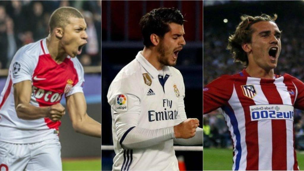 Collage de Mbappé, Morata y Griezmann