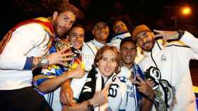 Los jugadores del Madrid celebran en Cibeles