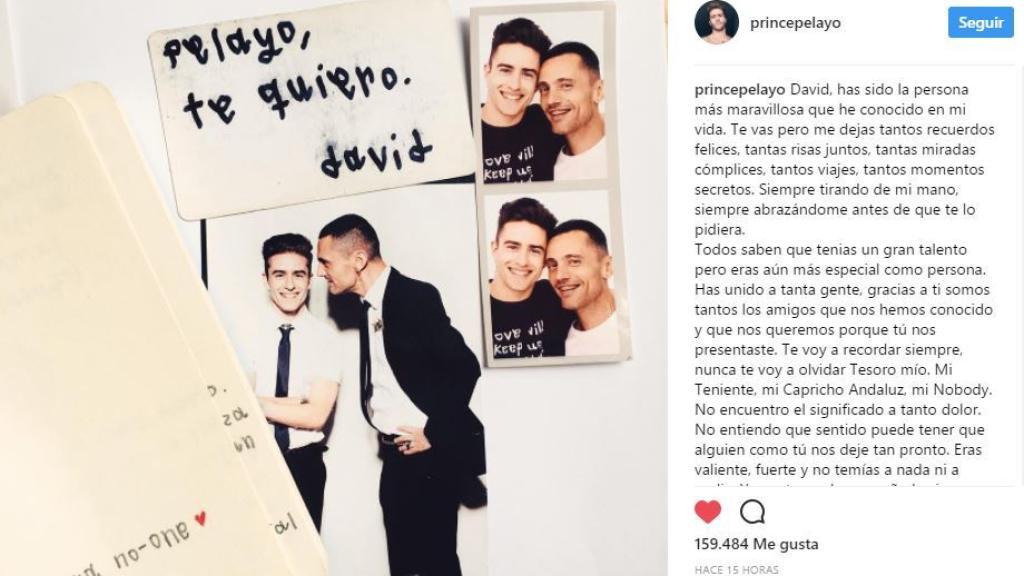 Publicación de Pelayo Díaz, despidiéndose de su expareja, David Delfín.