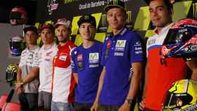 Bautista, Márquez, Dovizioso, Maverick, Rossi y Petrucci, en la conferencia del prensa del GP de Cataluña.