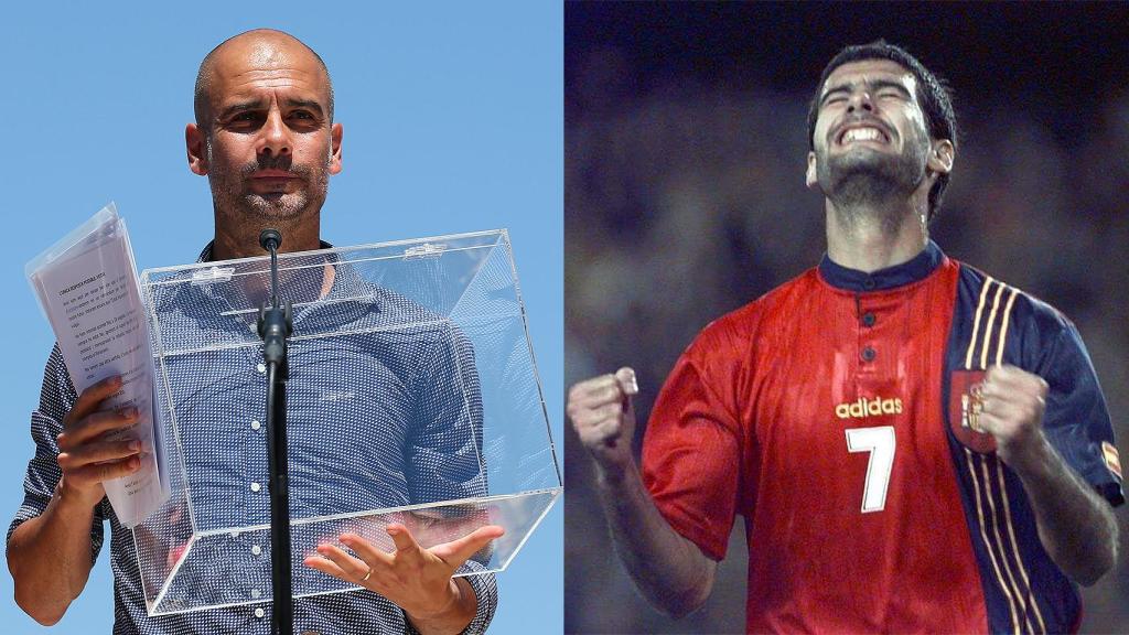 Guardiola, en el acto por la independencia de este domingo (i) y cuando jugaba con España (d).