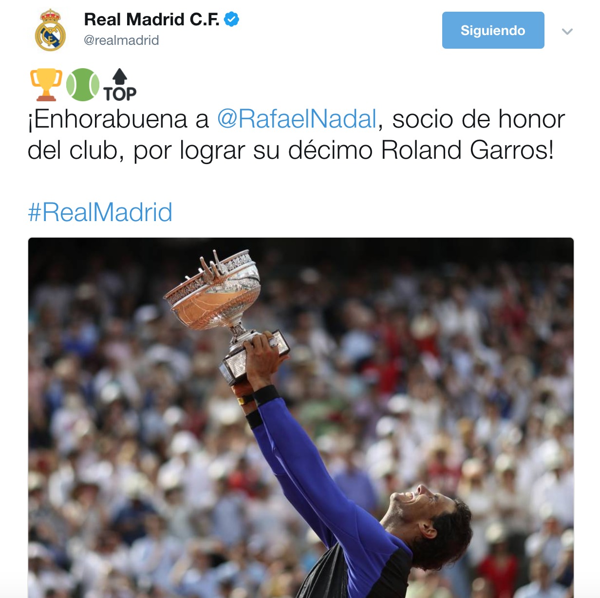 Tweet del Real Madrid para Rafael Nadal. (@realmadrid)