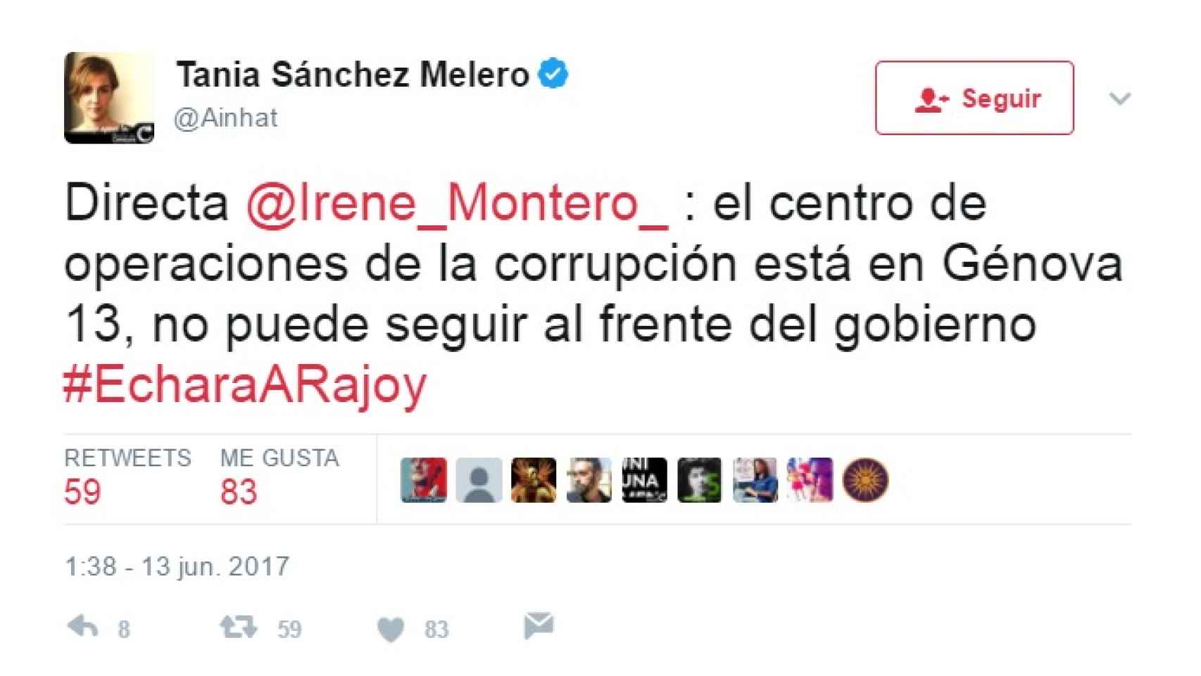 El mensaje de Tania Sánchez en Twitter.