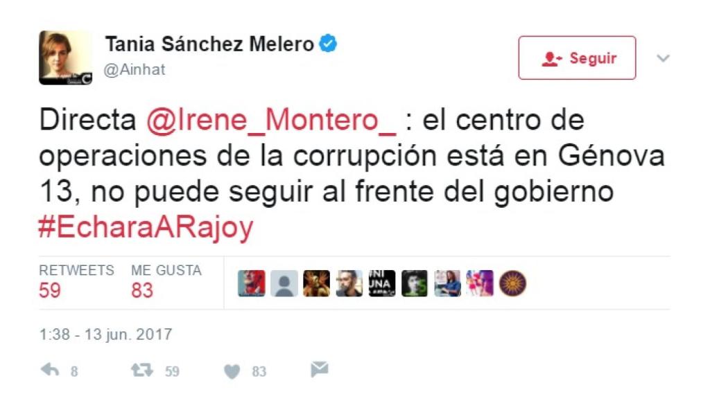El mensaje de Tania Sánchez en Twitter.