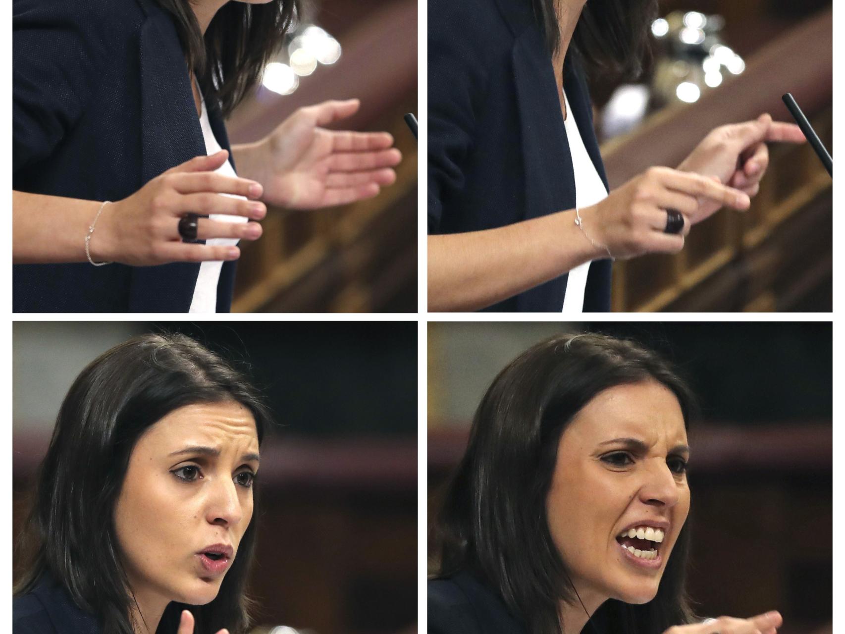 Irene montero durante su discurso intervención en el Congreso con la que ha comenzado el debate de la moción de censura.