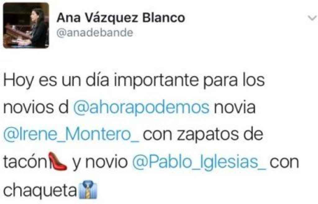El tuit sexista que escribía Ana Vázquez durante la intervención de Irene Montero.