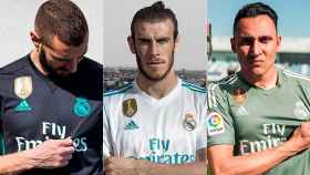 Benzema, Bale y Keylor Navas posan con la nueva equipación.