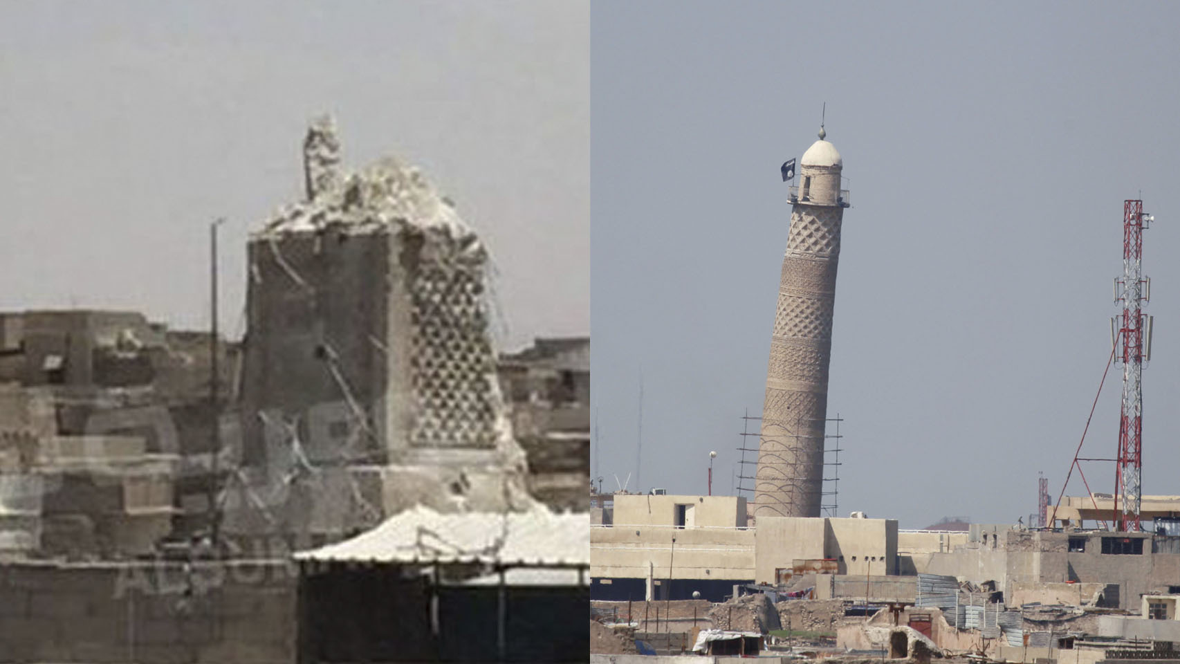 Imagen del minarete de la mezquita antes y después del ataque del Estado Islámico