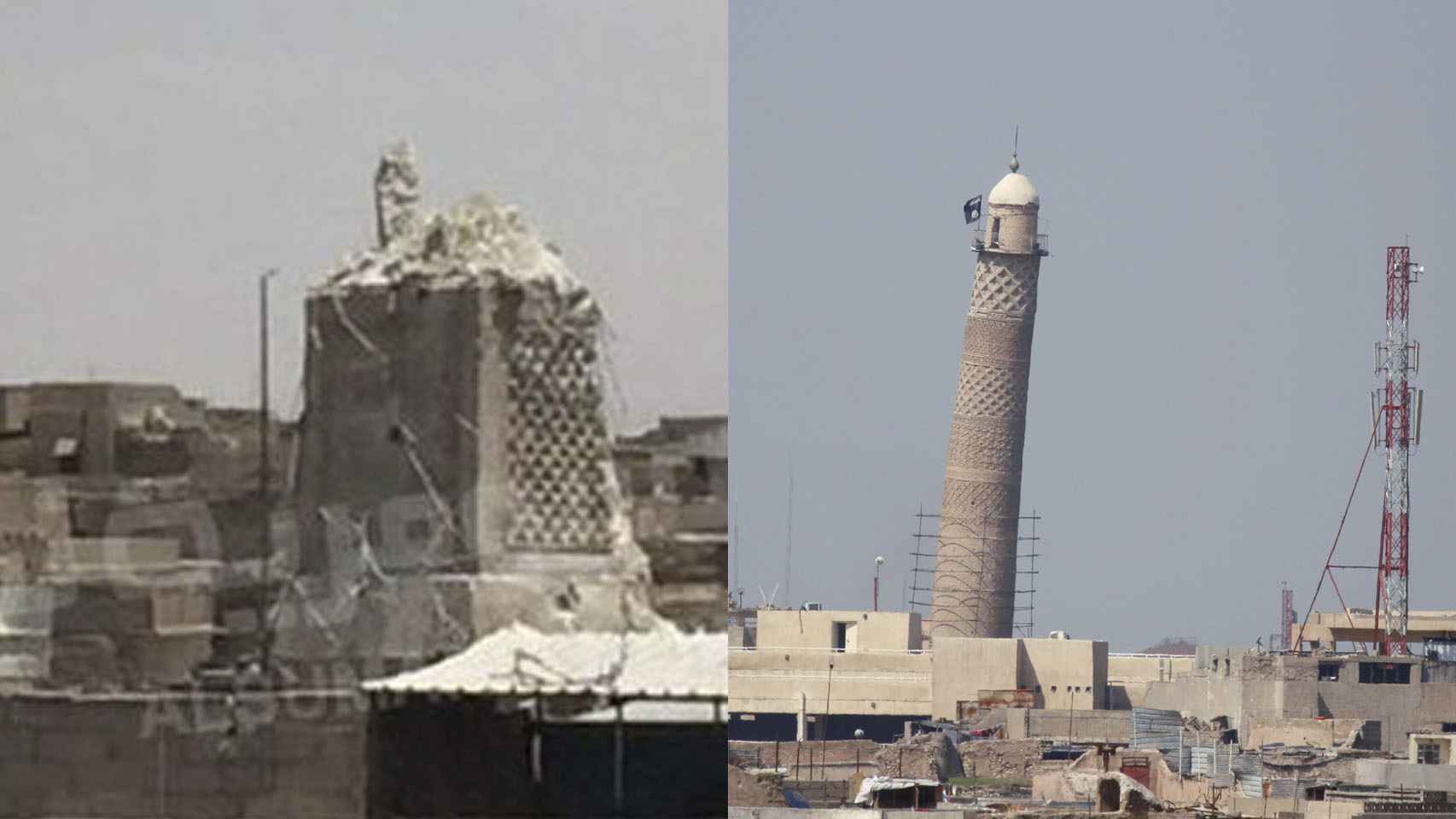 Imagen del minarete de la mezquita antes y después del ataque