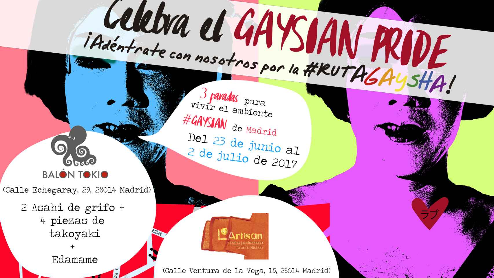 Cartel de la Ruta Gaysha para este World Pride Madrid 2017.