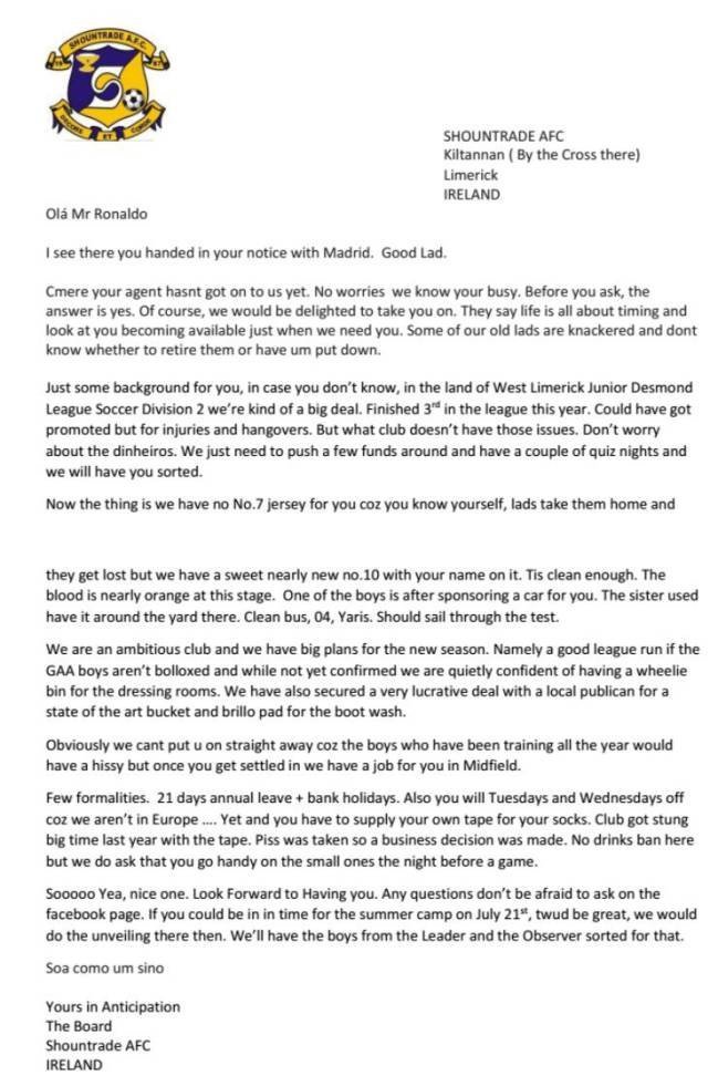 La carta de un club irlandés para convencer a Cristiano de su fichaje